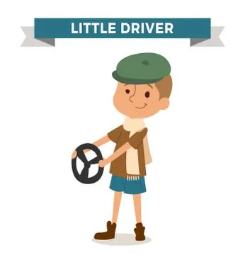 Driver boy with car rude isolated on white Stock Illustration
