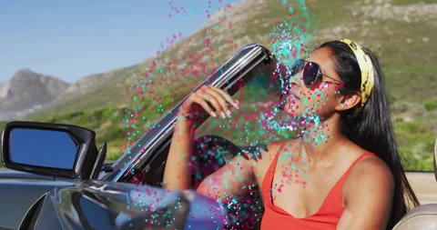 Driver in car adjusting sunglasses, sparking magenta cyan technology swirl Stockbeeldmateriaal 315893955