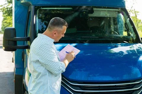 Driver checking delivery documents near truck 스톡 사진