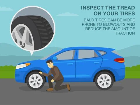 Driver checking the tires. Inspect the tread on tires, bald tires can be prone Stock Illustration