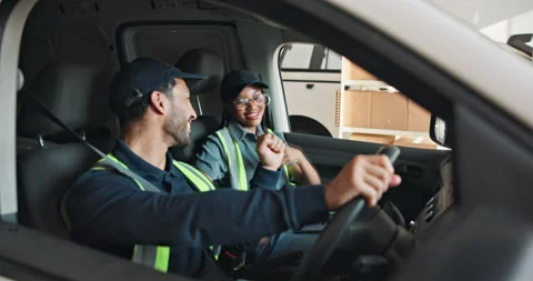 Driver, delivery and people in van fist bump for packages, shipping and teamwork 動画素材 346875035