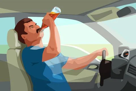 Driver drinking strong alcohol by the wheel Stock Illustration