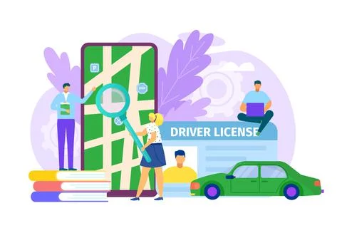 Driver education for flat license, vector illustration. Man woman character get Stock Illustration