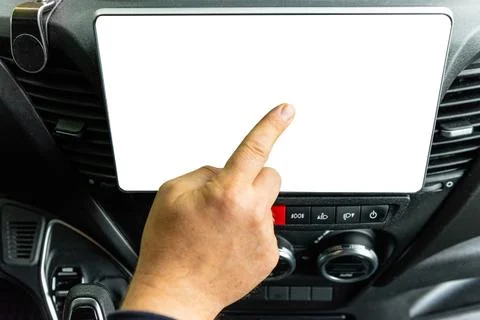 Driver finger tapping blank white screen in car Fotos Stock