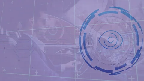 Driver gripping wheel and engaging vehicle interface, displaying grid and Stock Footage 309680142
