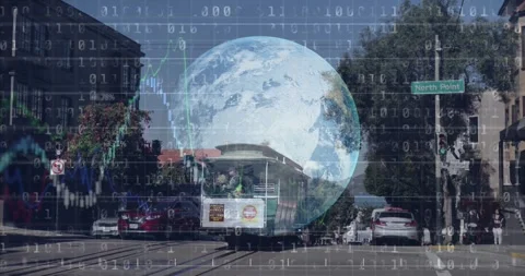 Driver guiding cable car forward carrying commuters, globe and finance charts Stock Footage 330893844