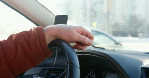Driver Hand On Car Steering Wheels. Male Travelling Transportation Video stock 153538200
