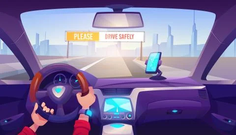 Driver hands on car steering wheel, auto interior イラスト素材
