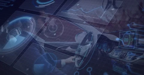 Driver holding wheel system booting HUD over dash code and dials animating Stock Footage 320651692