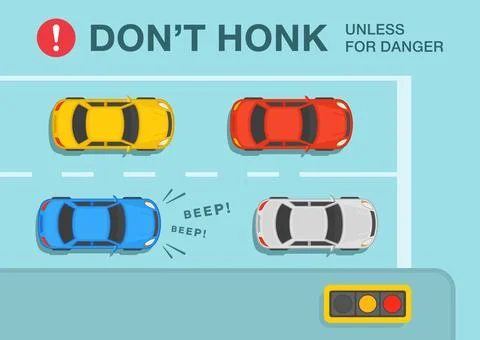 Driver is honking horn for no reason at traffic light. Top view of a city road. Stock Illustration