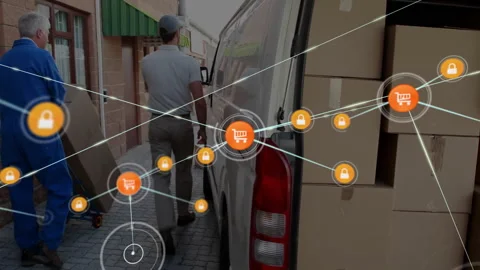 Driver initiating overlay for securing e-commerce while assistant unloading Stock Footage 310317860