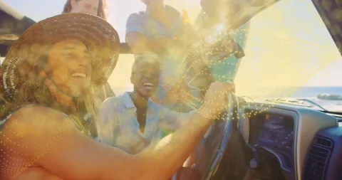 Driver latching frame causing friends laughing in sunset convertible shining Stock Footage 326193127