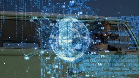 Driver leaning out van window with holographic globe emerging, scanning code Stock Footage 313242394