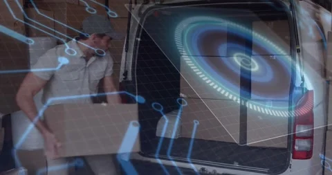 Driver leaning into van grabbing boxes and unloading while tech overlay Stock Footage 317869383