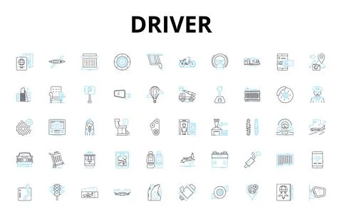 Driver linear icons set. Pedal, Steering, License, Gearbox, Vehicle, Accelerate イラスト素材