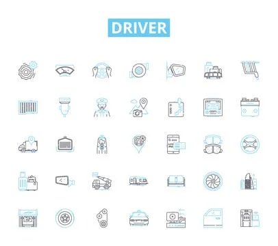 Driver linear icons set. Pedal, Steering, License, Gearbox, Vehicle, Accelerate イラスト素材