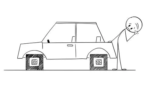 Driver Looking at Car With Square Wheels, Problem, Disadvantage or Weakness of Stock Illustration