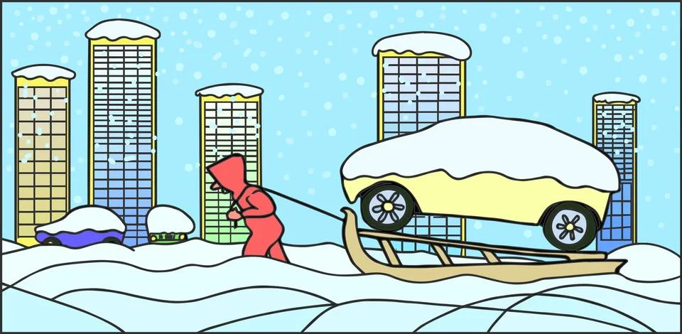 Driver man pull his car. Abnormal snowfall. Cartoon illustration 스톡 일러스트