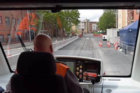 Driver operating the Coventry VLR Very Light Rail test tram Stock Photos