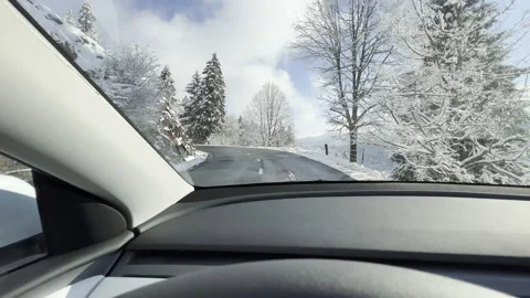 Driver point of view of driving car on a cold winter day. Snowy landscape Vidéo 225685311