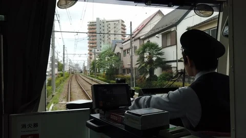 Driver point of view at vintage cockpit with commands. Toden Arakawa Line. Stock Footage 124978771