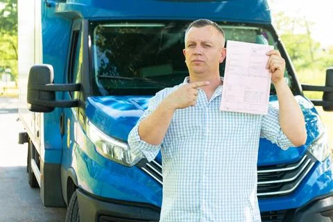 Driver pointing at delivery document near blue truck Fotos Stock