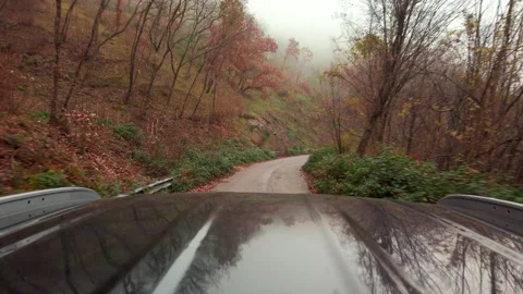 Driver POV driving on mountain road with fog. Framing from the roof of a car Stock Footage 227729926
