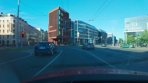 Driver POV Through Central Riga Passing Origo And Main Railway Station Area Stock Footage 341922187