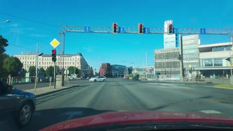 Driver POV Waiting At Traffic Lights In Central Riga Before Continuing Drive Stock Footage 341436177