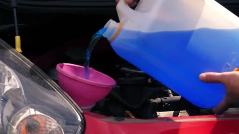 Driver putting windscreen wash fluid into car Stock Footage 341325794