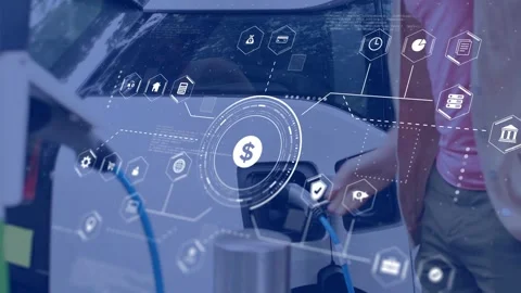 Driver reaching for EV plug, inserting, starting charge as dollar hex icons Stockbeeldmateriaal 334788625