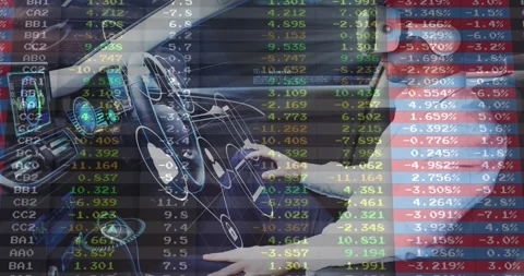 Driver reaching forward, using circular controls for data while finance tickers Stock Footage 329909705