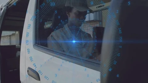 Driver reacting to HUD appearing inside van, reaching and operating tablet, Stock Footage 332901835