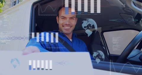 Driver reading glancing handing parcel thru window for delivery buckling Stock Footage 331789934