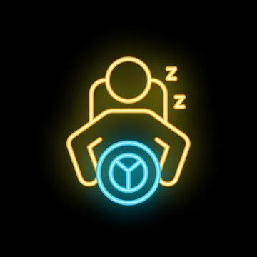 Driver sleeping in car with steering wheel neon sign on black background Stock Illustration
