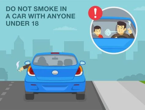 Driver smoking a cigarette and male kid sitting in back seat. Safe driving rules Illustrazione stock