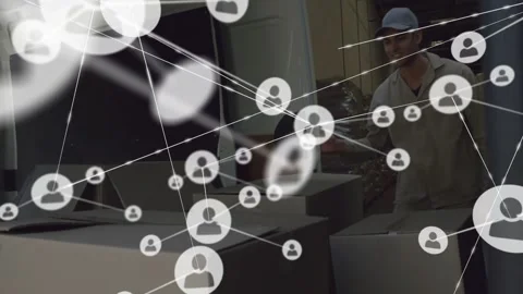 Driver stacking boxes in van while user-node overlay appearing, expanding over Stock Footage 329929490