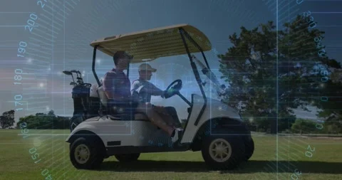 Driver starting golf cart while partner pointing trees for navigation with Stock Footage 318474726