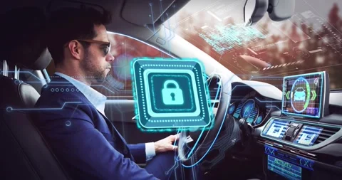 Driver in suit tweaking wheel as holo lock appearing on HUD after alert for Stock Footage 330003411
