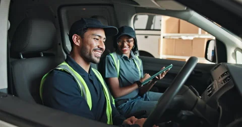 Driver, tablet and people in van for delivery schedule, shipping and location 動画素材 346875251
