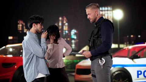 Driver Taking Breathalyzer Test As Passenger Watches With Concern At Checkpoi Stock Photos