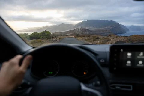 Driver view to the  big cliffs in Ponta de São Lourenço. Madeira island Stock Photos