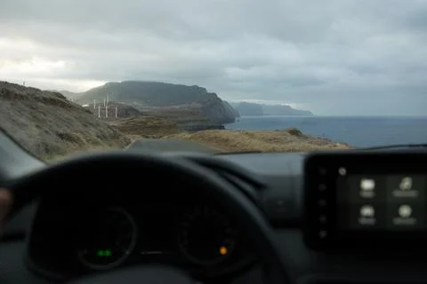 Driver view to the  big cliffs in Ponta de São Lourenço. Madeira, Portugal Stock Photos