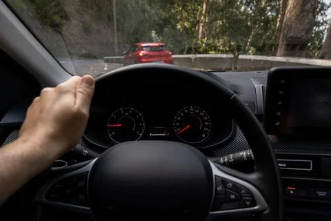 Driver view to inside stopped car dashboard. Blurred Car stopped forest road. Stock Photos