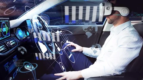 Driver wearing VR headset activating holographic car interface for system Stock Footage 329788103