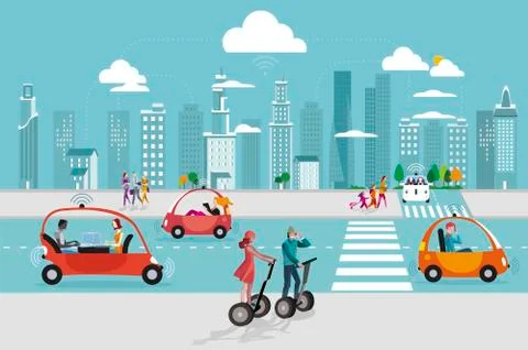 Driverless Autonomous Car in the City Stock Illustration