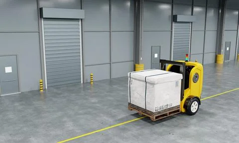 Driverless robotics car forklift robot lifting and moving pallets cardboard.. Stock Illustration