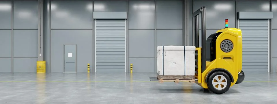 Driverless robotics car forklift robot lifting and moving pallets cardboard.. Stock Illustration
