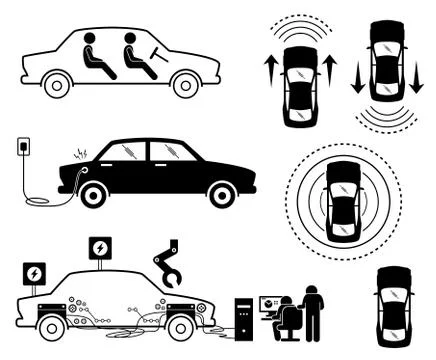 Driverless Self-Driving Autonomous Car. Illustrations depict autonomous elect Illustrazione stock