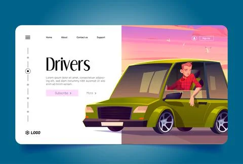 Drivers banner with man sitting in green car Stock Illustration